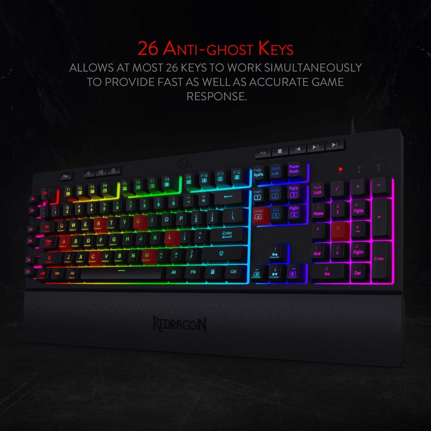 K512 Shiva RGB Backlit Membrane Gaming Keyboard with Multimedia Keys, Quiet Mechanical Feeling Keyboard, 6 Extra On-Board Macro Keys, Dedicated Media Control, Detachable Wrist Rest