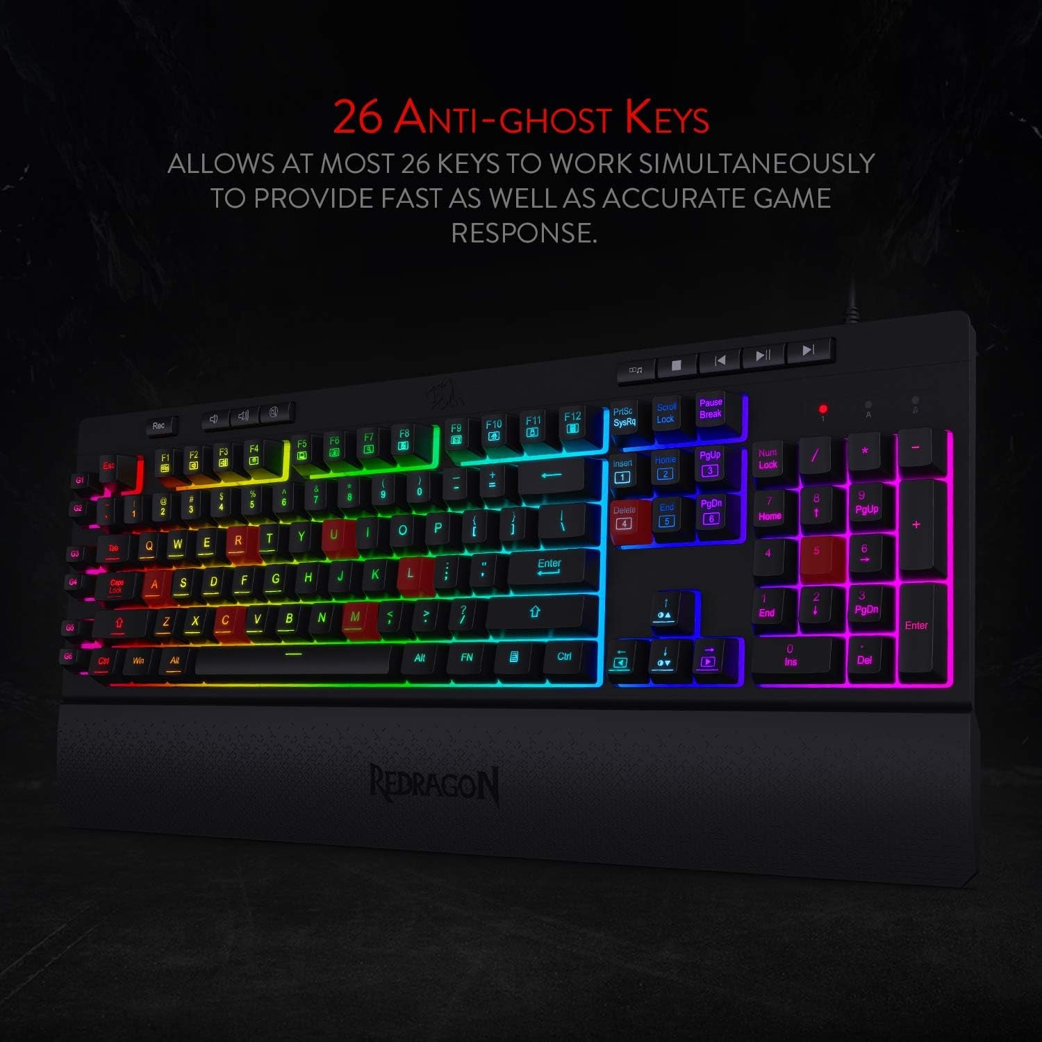 K512 Shiva RGB Backlit Membrane Gaming Keyboard with Multimedia Keys, Quiet Mechanical Feeling Keyboard, 6 Extra On-Board Macro Keys, Dedicated Media Control, Detachable Wrist Rest