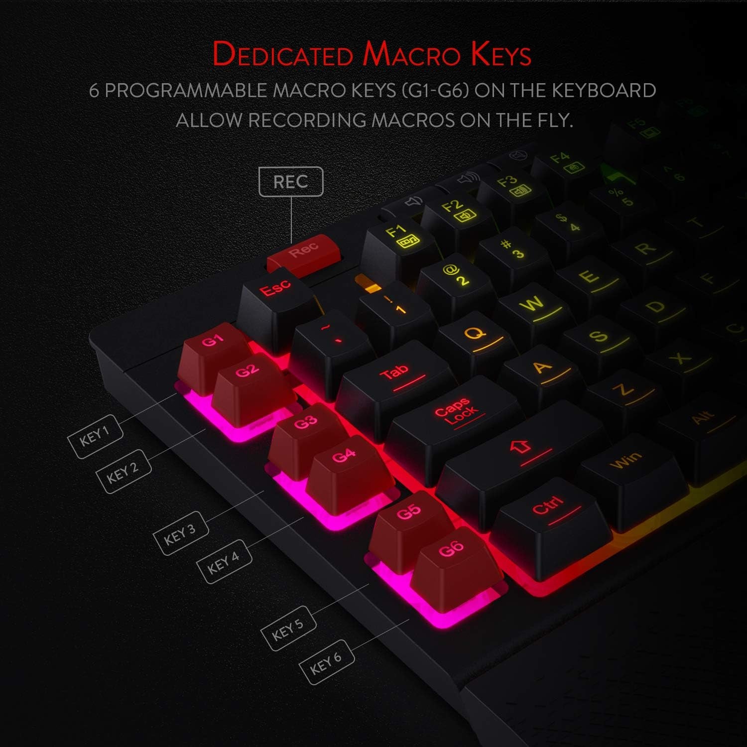 K512 Shiva RGB Backlit Membrane Gaming Keyboard with Multimedia Keys, Quiet Mechanical Feeling Keyboard, 6 Extra On-Board Macro Keys, Dedicated Media Control, Detachable Wrist Rest